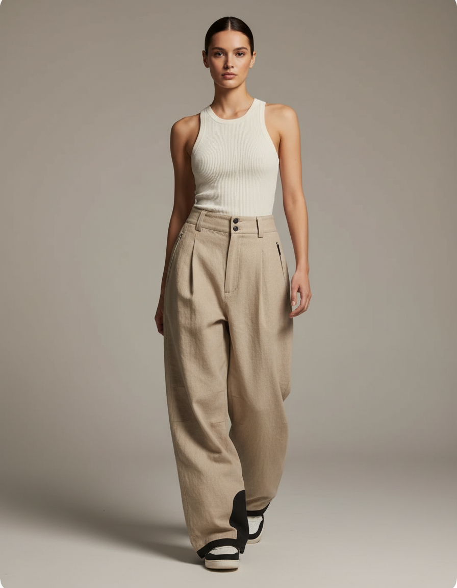 Pantalon Baggy Beige Ample Plissé Lin Femme