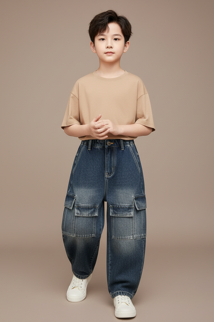 Pantalon Baggy Jean Denim Ample Cargo Enfant Décontracté - Bleu