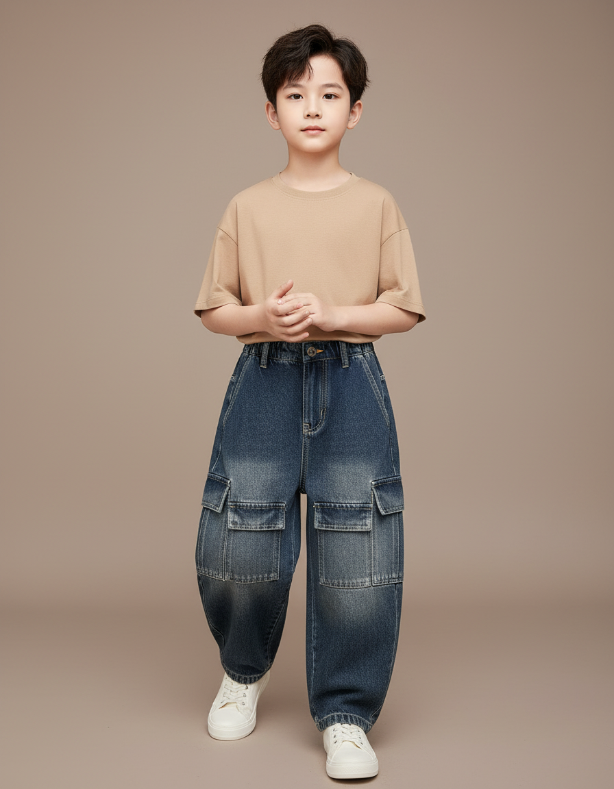 Pantalon Baggy Jean Denim Ample Cargo Enfant Décontracté - Bleu