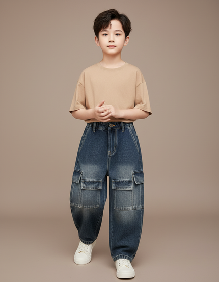 Pantalon Baggy Jean Denim Ample Cargo Enfant Décontracté - Bleu