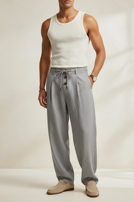 Pantalon Baggy Gris Lin Plissé Décontracté Homme