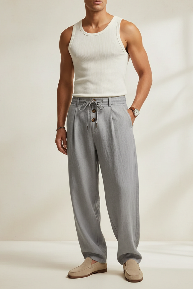 Pantalon Baggy Gris Lin Plissé Décontracté Homme