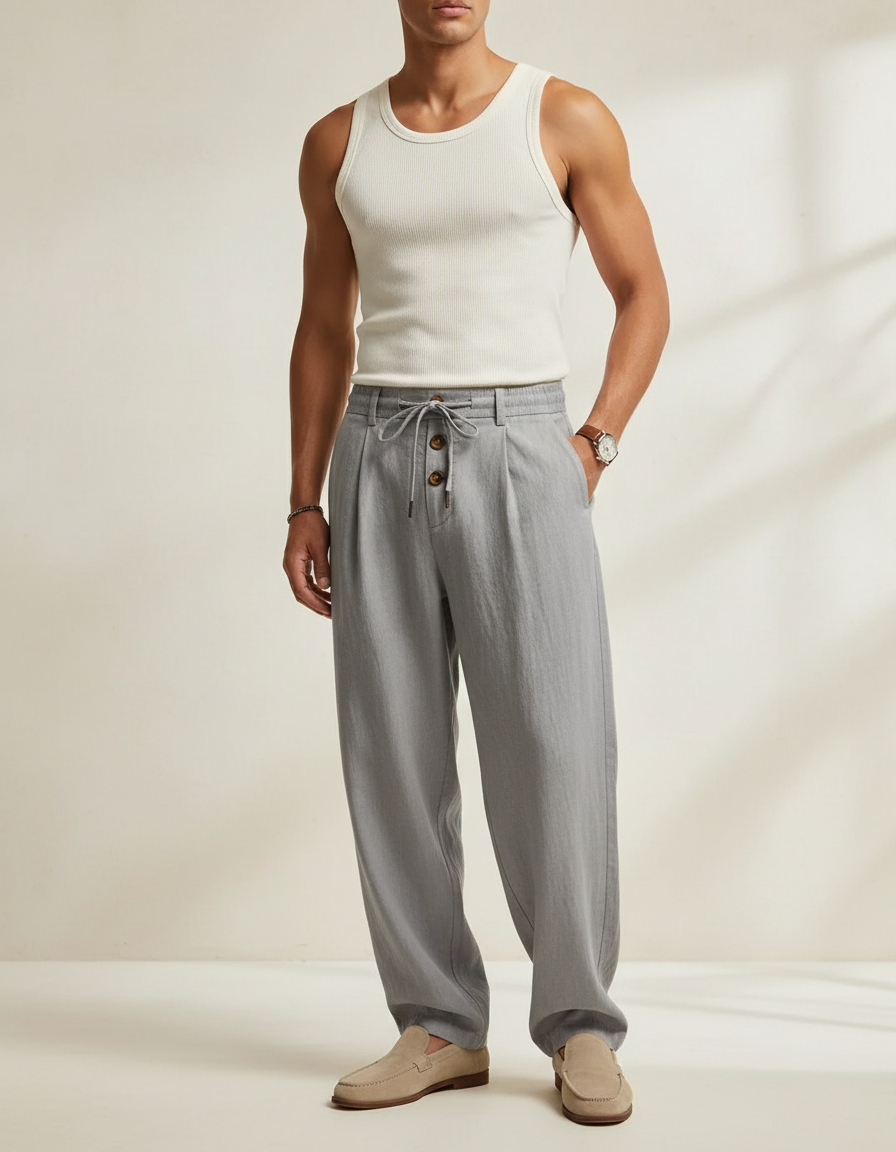 Pantalon Baggy Gris Lin Plissé Décontracté Homme