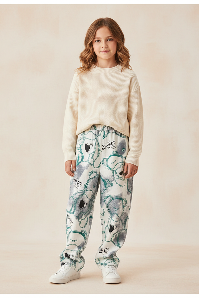 Pantalon Baggy Blanc Imprimé Ours Décontracté Ample - Molleton