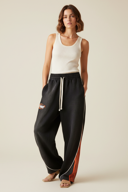 Pantalon Baggy Noir Rayures Orange Ample Sport - Molleton
