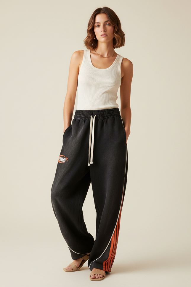 Pantalon Baggy Noir Rayures Orange Ample Sport - Molleton
