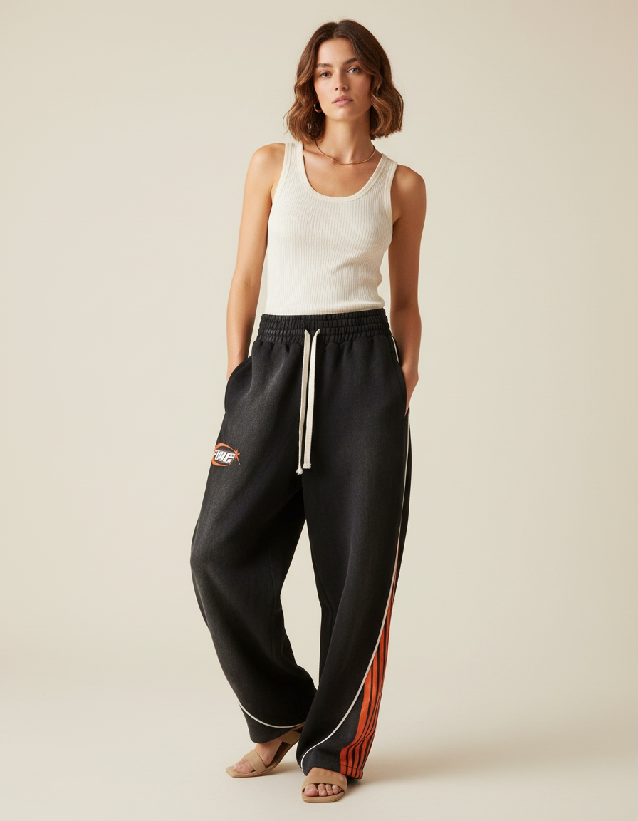 Pantalon Baggy Noir Rayures Orange Ample Sport - Molleton