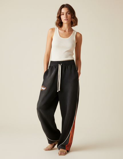 Pantalon Baggy Noir Rayures Orange Ample Sport - Molleton