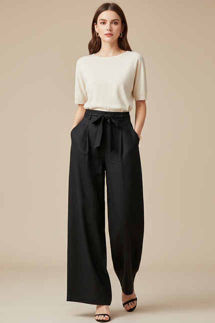 Pantalon Baggy Noir Lin Ample Taille Haute Fluide