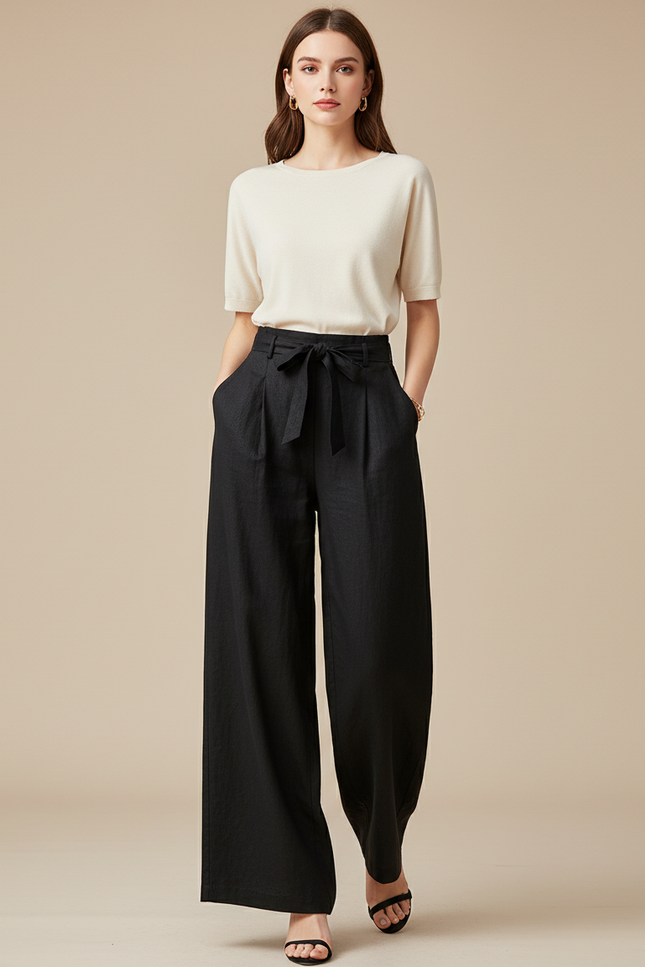 Pantalon Baggy Noir Lin Ample Taille Haute Fluide