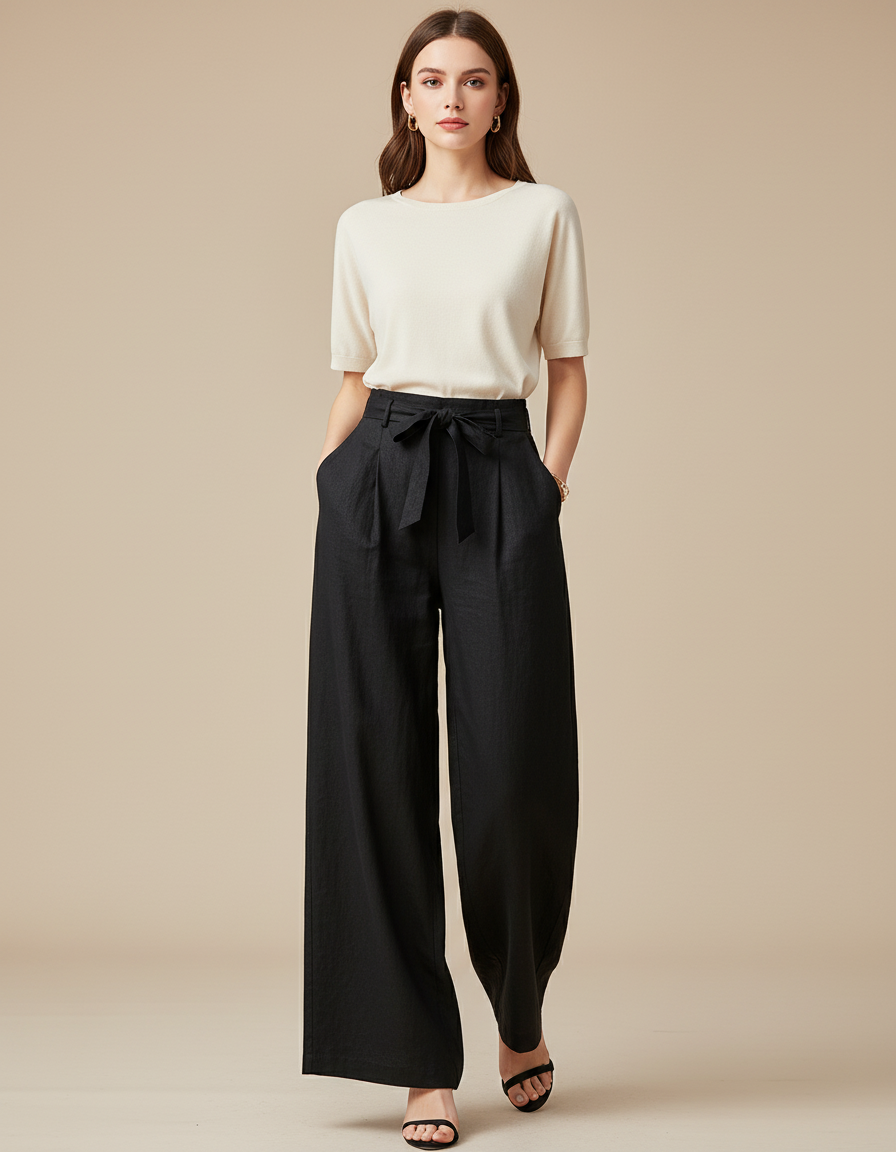 Pantalon Baggy Noir Lin Ample Taille Haute Fluide