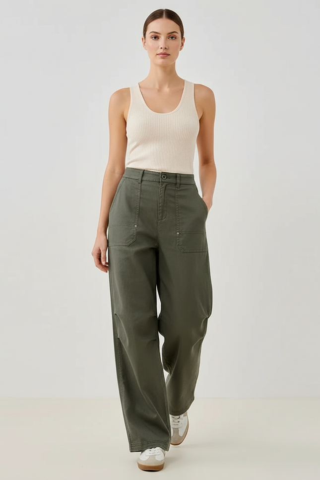 Pantalon Baggy Vert Kaki Ample Décontracté Cargo - Toile