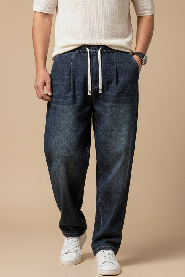 Pantalon Baggy Jean Bleu Foncé Décontracté Homme Cordon