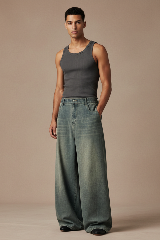 Pantalon Baggy Délavé Ample Décontracté Large - Bleu Jean