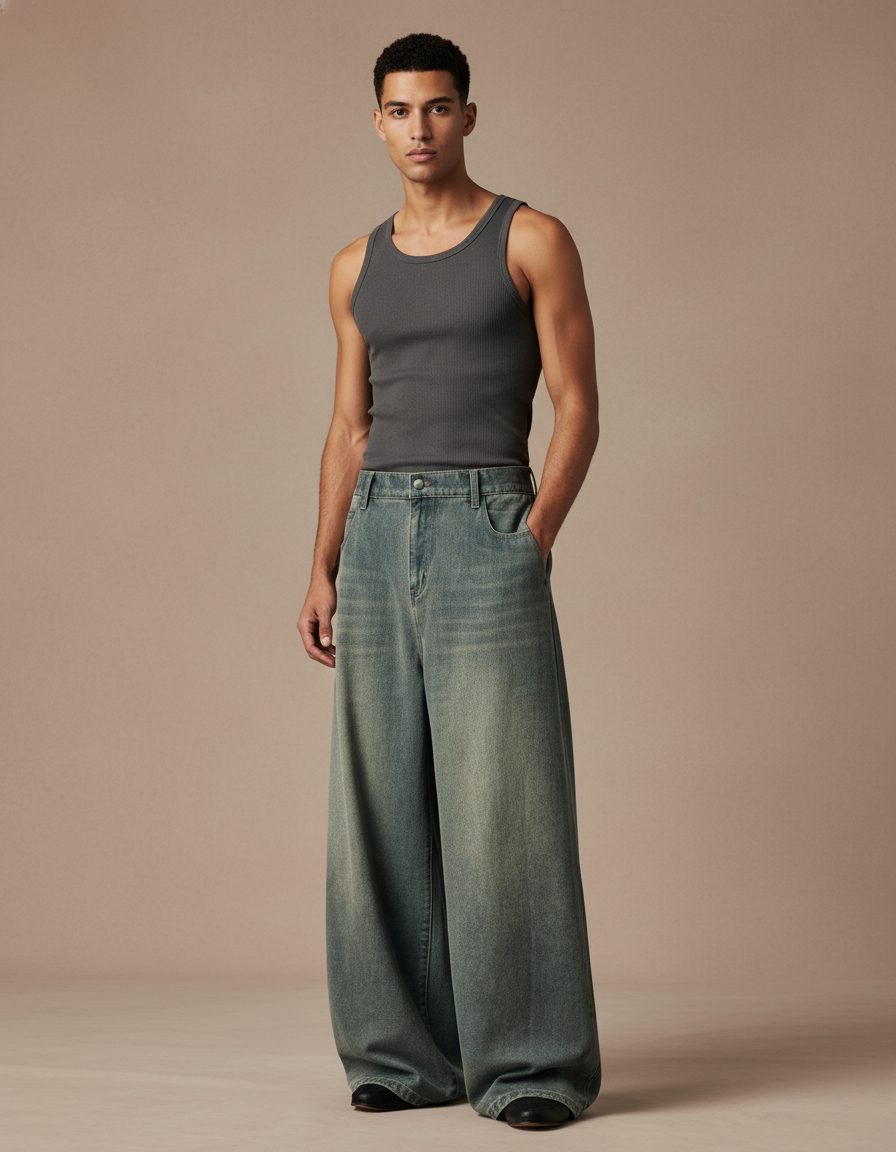 Pantalon Baggy Délavé Ample Décontracté Large - Bleu Jean