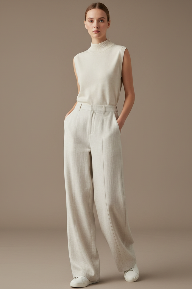 Pantalon Baggy Beige Ample Lin Décontracté Fluide