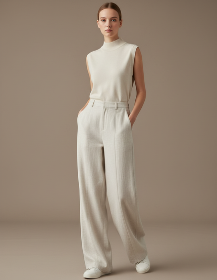 Pantalon Baggy Beige Ample Lin Décontracté Fluide