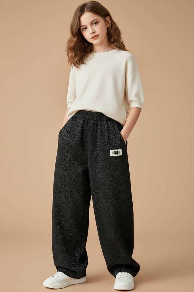 Pantalon Baggy Noir Brillant Ample Décontracté Fille - Maille