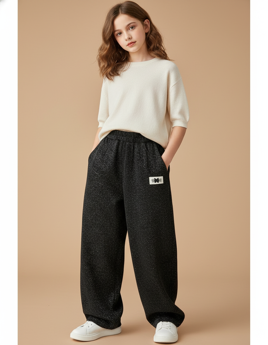 Pantalon Baggy Noir Brillant Ample Décontracté Fille - Maille