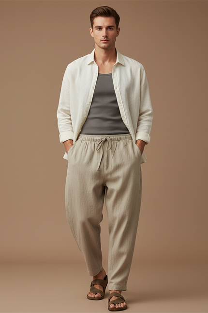 Pantalon Baggy Beige Lin Cordon Ample Décontracté Homme