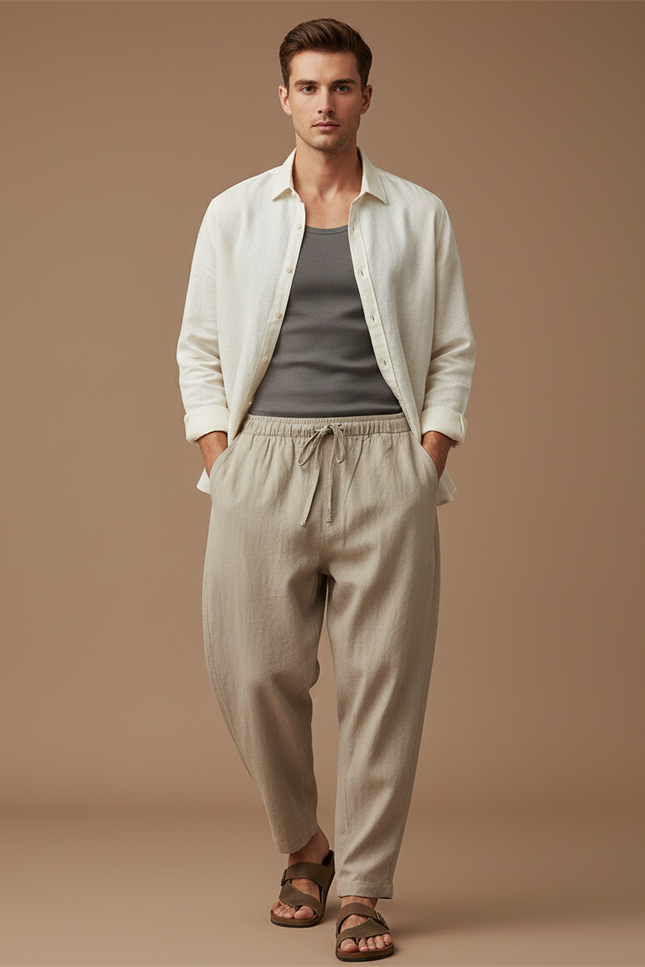 Pantalon Baggy Beige Lin Cordon Ample Décontracté Homme