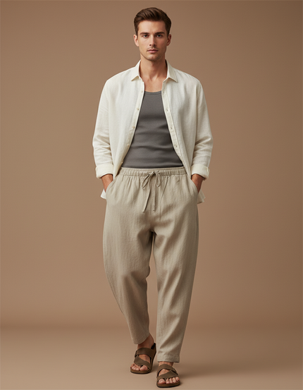 Pantalon Baggy Beige Lin Cordon Ample Décontracté Homme