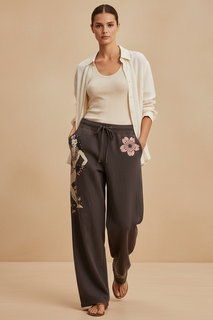 Pantalon Baggy Marron Ample Imprimé Fleur Décontracté - Molleton