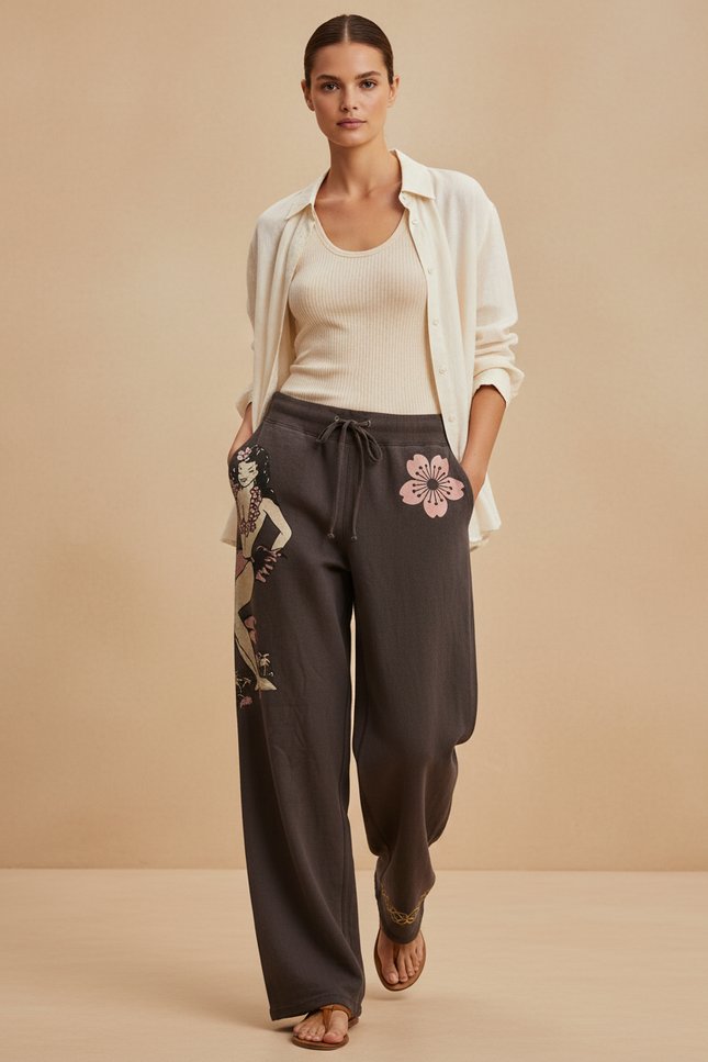 Pantalon Baggy Marron Ample Imprimé Fleur Décontracté - Molleton