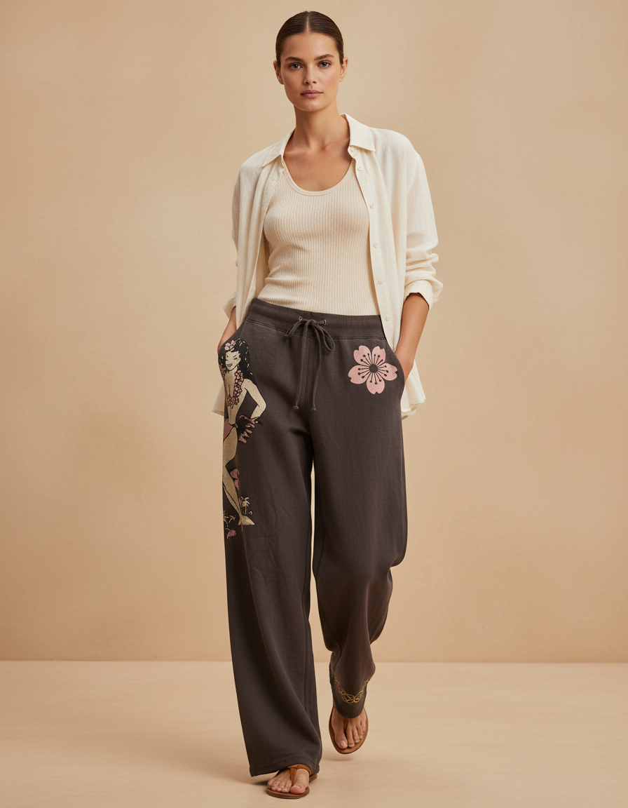 Pantalon Baggy Marron Ample Imprimé Fleur Décontracté - Molleton