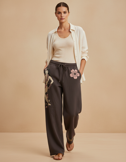Pantalon Baggy Marron Ample Imprimé Fleur Décontracté - Molleton