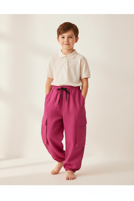 Pantalon Baggy Fuchsia Ample Lin Cargo Enfant - Rose