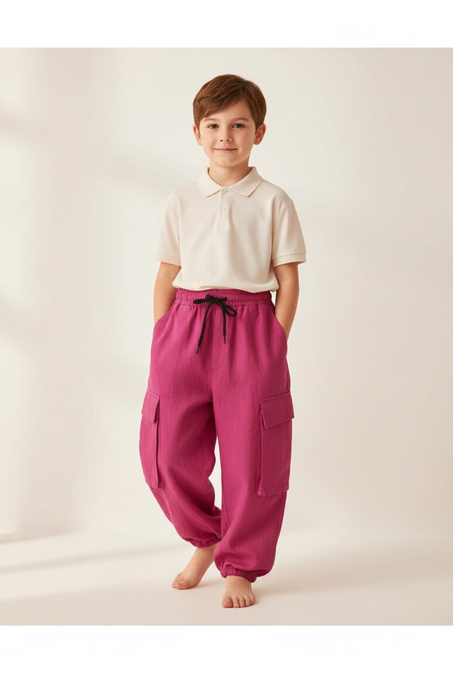 Pantalon Baggy Fuchsia Ample Lin Cargo Enfant - Rose