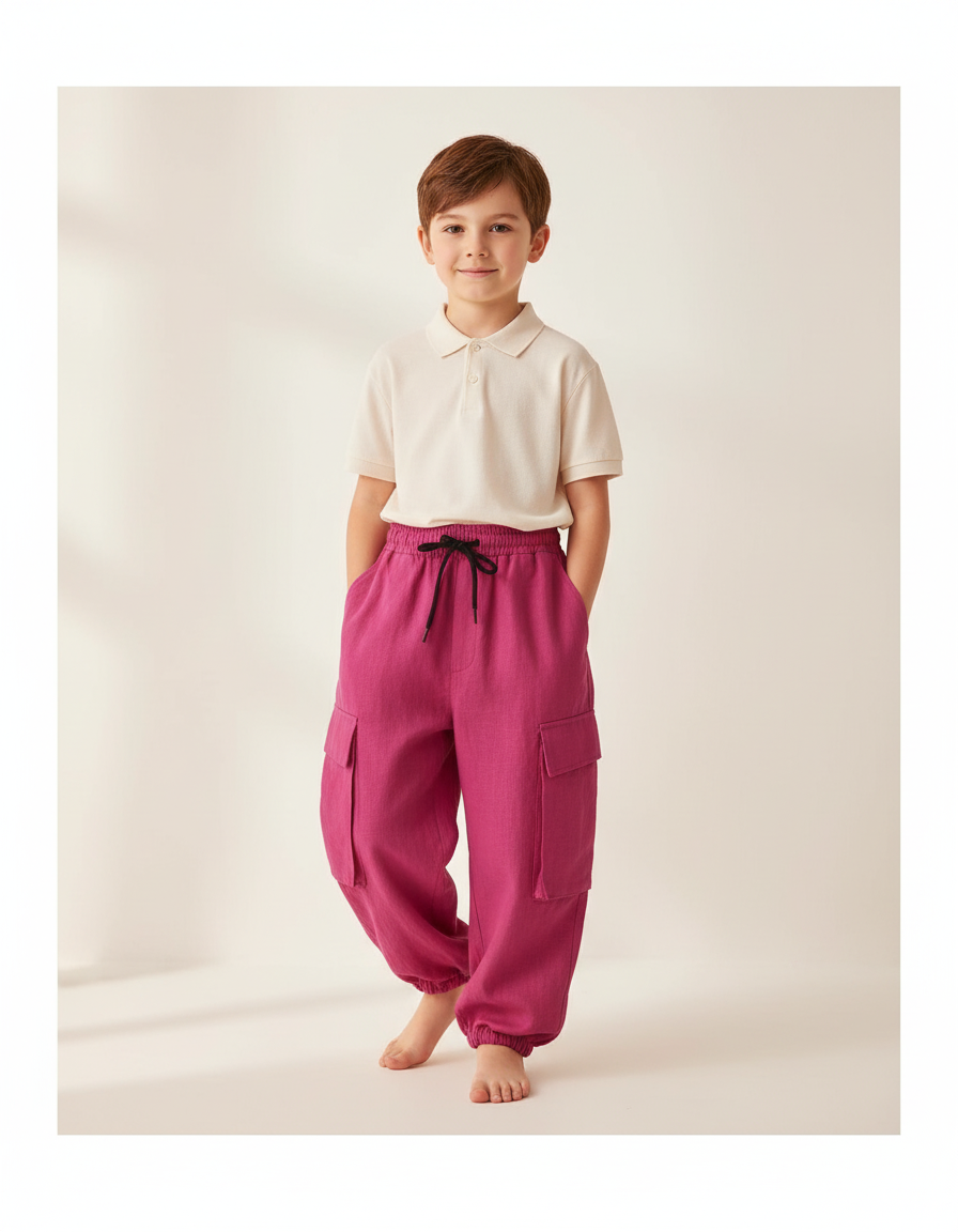 Pantalon Baggy Fuchsia Ample Lin Cargo Enfant - Rose