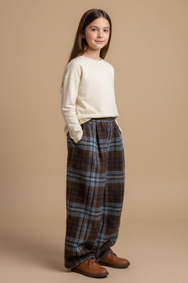 Pantalon Baggy Carreaux Marron Ample Chaud Enfant - Laine