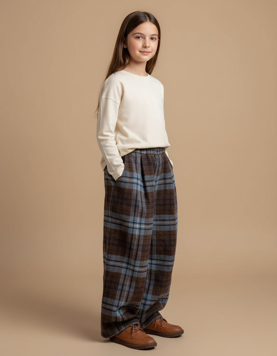 Pantalon Baggy Carreaux Marron Ample Chaud Enfant - Laine