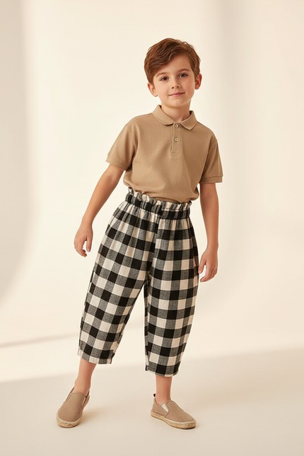 Pantalon Baggy Carreaux Noir Blanc Coton Ample Enfant - Imprimé
