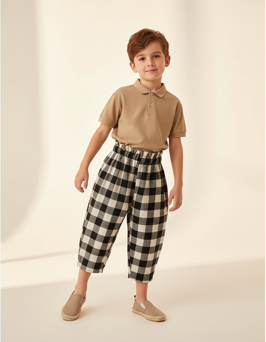 Pantalon Baggy Carreaux Noir Blanc Coton Ample Enfant - Imprimé