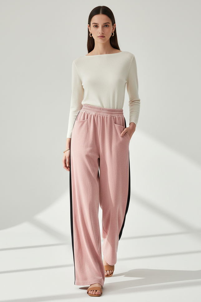 Pantalon Baggy Rose Velours Large Décontracté Rayure