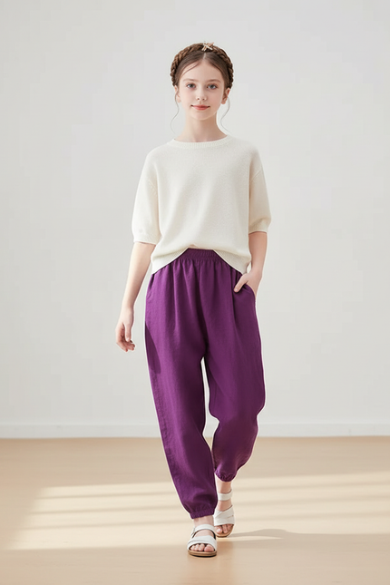 Pantalon Baggy Violet Coton Ample Décontracté Fille - Lin