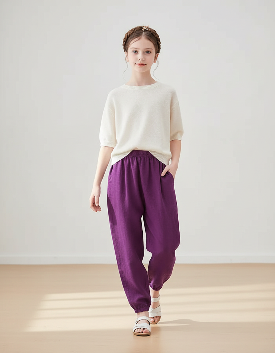 Pantalon Baggy Violet Coton Ample Décontracté Fille - Lin