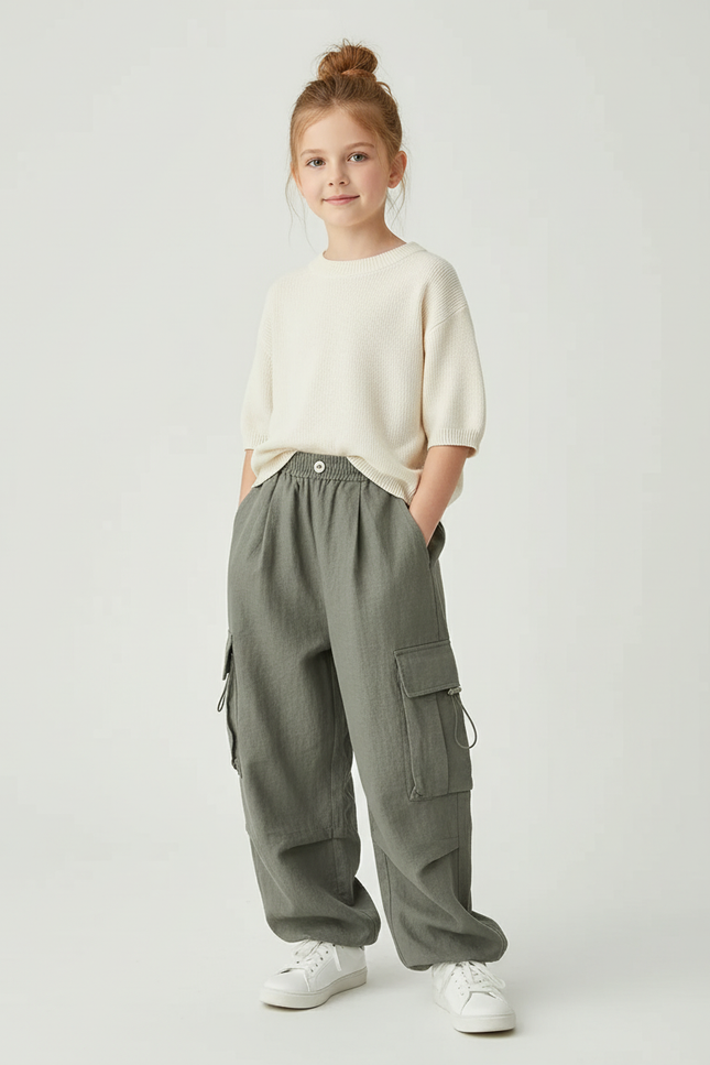 Pantalon Baggy Cargo Vert Ample Confortable Enfant - Kaki Toile
