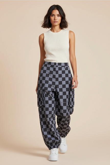 Pantalon Baggy Carreaux Noir Gris Cargo Ample - Imprimé Polyester