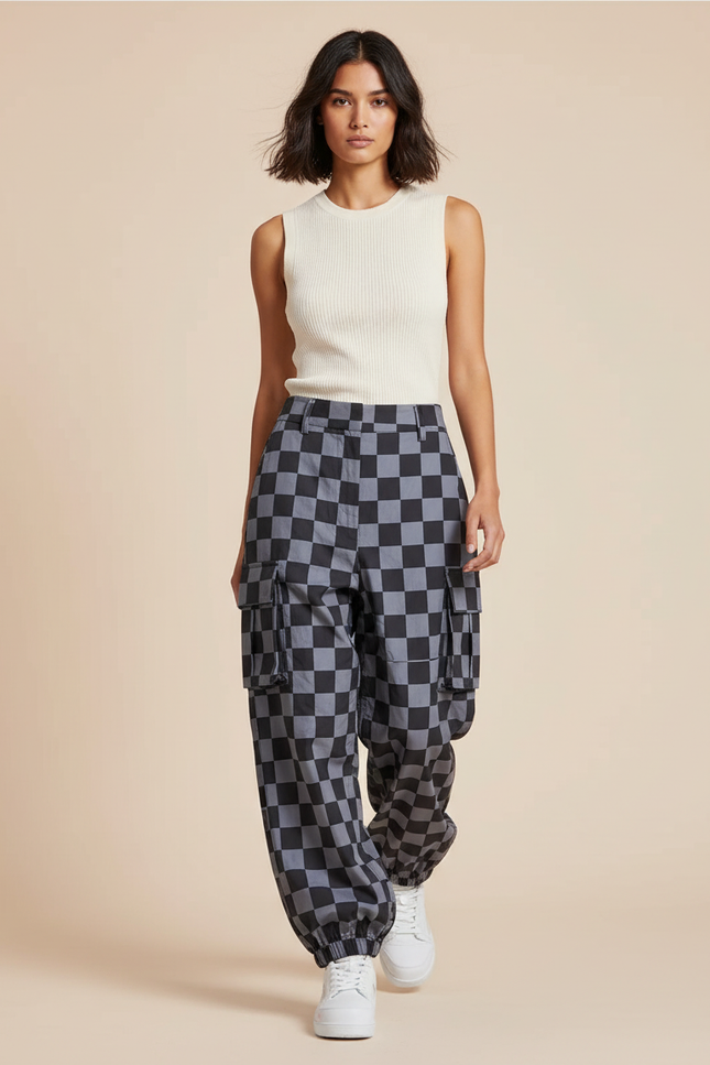 Pantalon Baggy Carreaux Noir Gris Cargo Ample - Imprimé Polyester