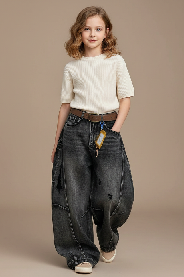 Pantalon Baggy Gris Délavé Ample Déchiré Enfant - Jean
