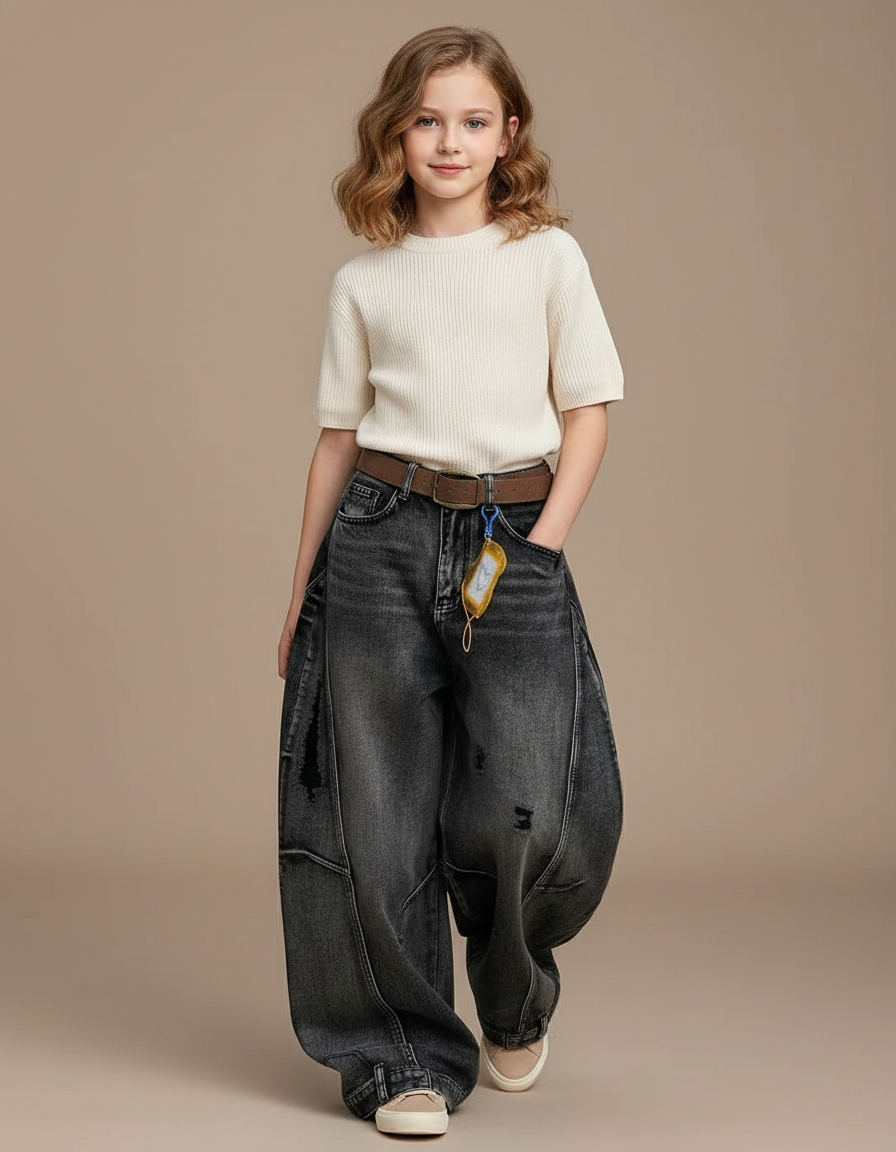Pantalon Baggy Gris Délavé Ample Déchiré Enfant - Jean