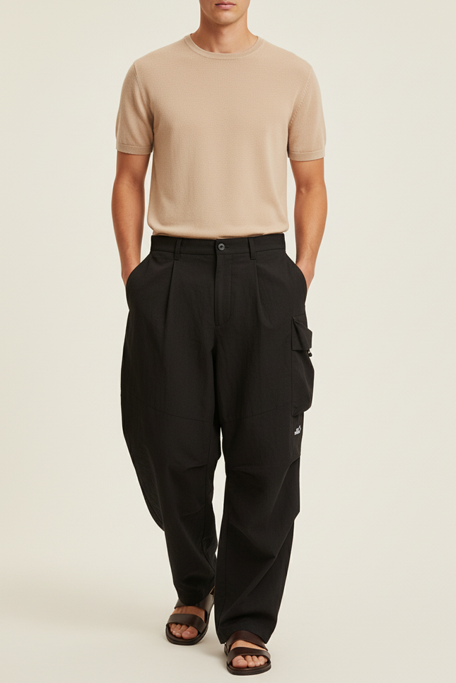 Pantalon Baggy Noir Cargo Plissé Ample Homme - Polyester