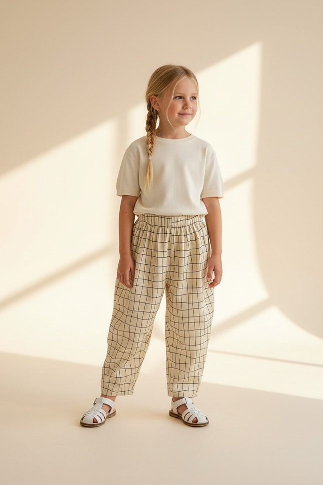 Pantalon Baggy Coton Carreaux Beige Ample Enfant