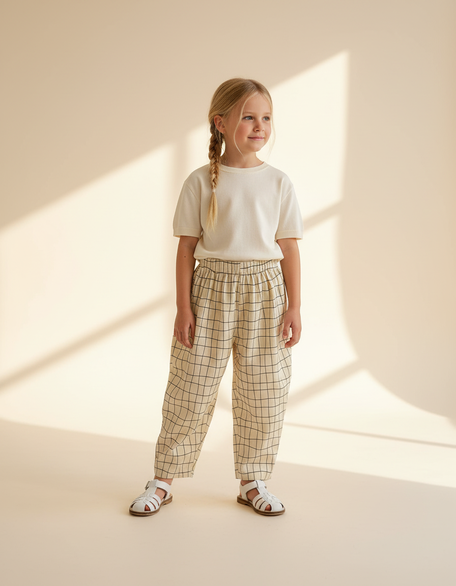 Pantalon Baggy Coton Carreaux Beige Ample Enfant
