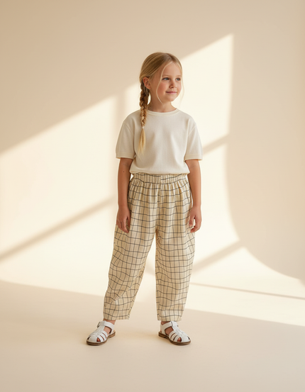 Pantalon Baggy Coton Carreaux Beige Ample Enfant