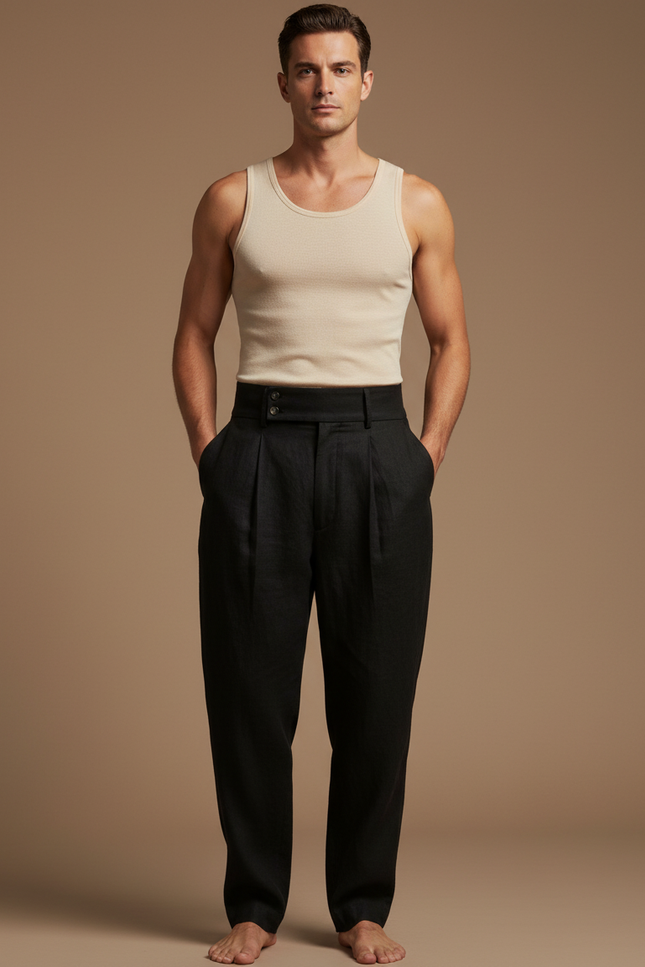 Pantalon Baggy Noir Lin Plissé Taille Haute Homme